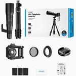 Kit d'objectif téléphoto APEXEL TeleCular 50x pour smartphone avec trépied à rotule à 360 degrés et mise au point interne, APL-T50X