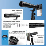 Kit d'objectif téléphoto APEXEL TeleCular 50x pour smartphone avec trépied à rotule à 360 degrés et mise au point interne, APL-T50X