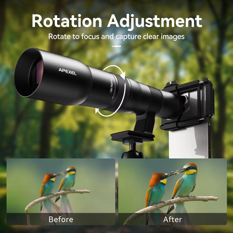 Kit d'objectif téléphoto APEXEL TeleCular 50x pour smartphone avec trépied à rotule à 360 degrés et mise au point interne, APL-T50X