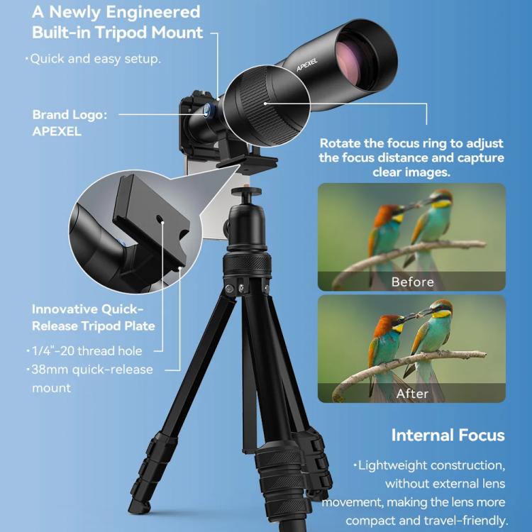 Kit d'objectif téléphoto APEXEL TeleCular 50x pour smartphone avec trépied à rotule à 360 degrés et mise au point interne, APL-T50X