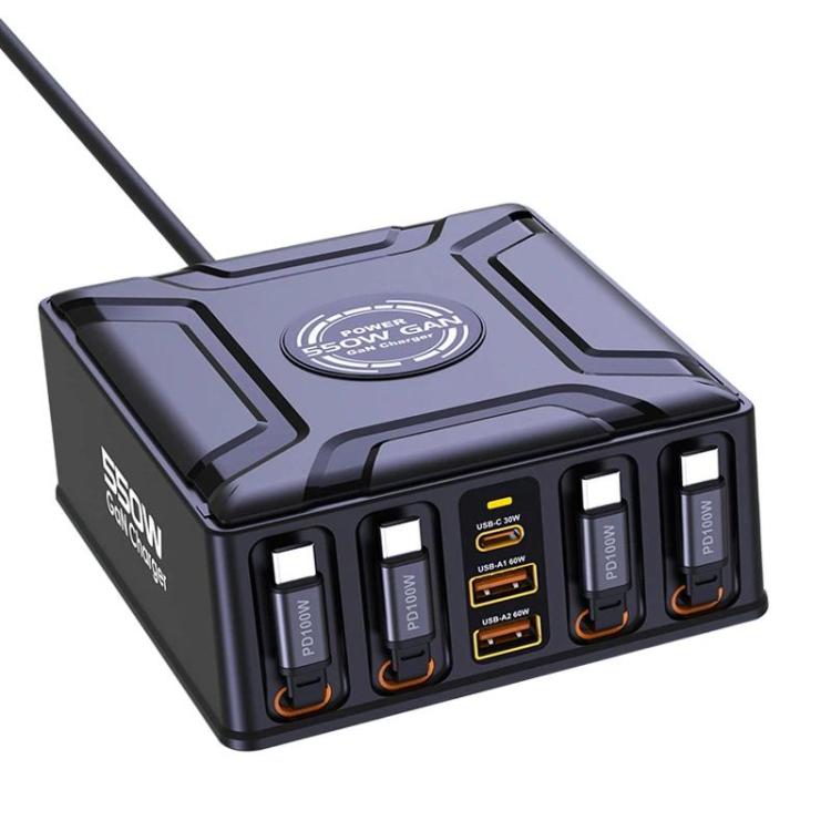 Chargeur multiprise à câble rétractable GaN USB-C 550 W à charge super rapide, prise UE, prise US, prise UK, prise AU, prise KR