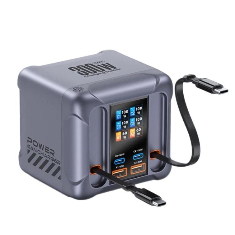 Chargeur multi-ports 300W avec prise USB et câble intégré, prise UE, prise US, prise UK, prise AU, prise KR