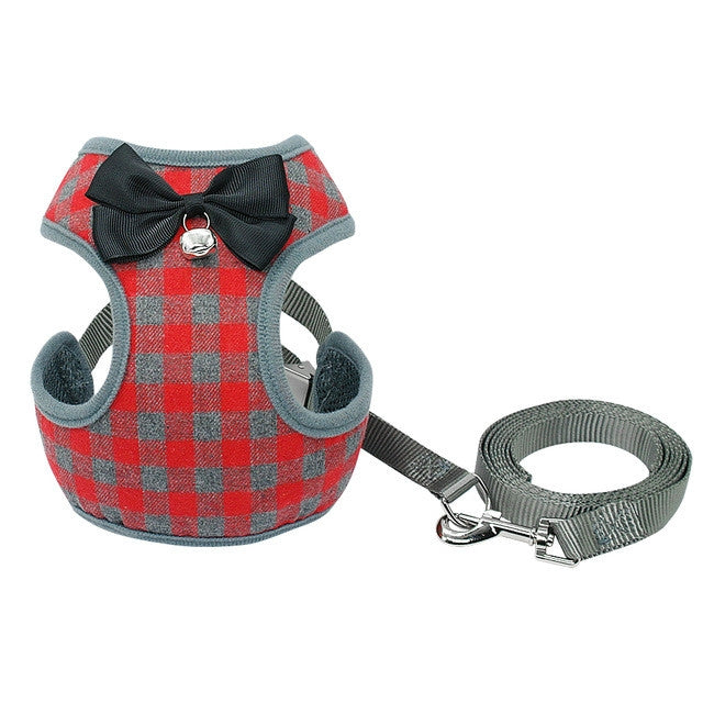 Gilet à nœud réglable à carreaux Laisse de traction pour chat chien animal de compagnie, Rouge, Bleu, Gris, Rose, Jaune