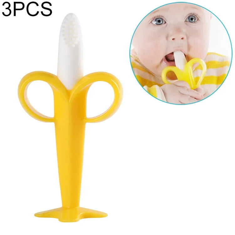 3 PCS Brosse à dents d'entraînement en silicone pour bébé en forme de banane, jouet de dentition sûr pour tout-petit, anneau de dentition cadeau pour bébé, Jaune-B