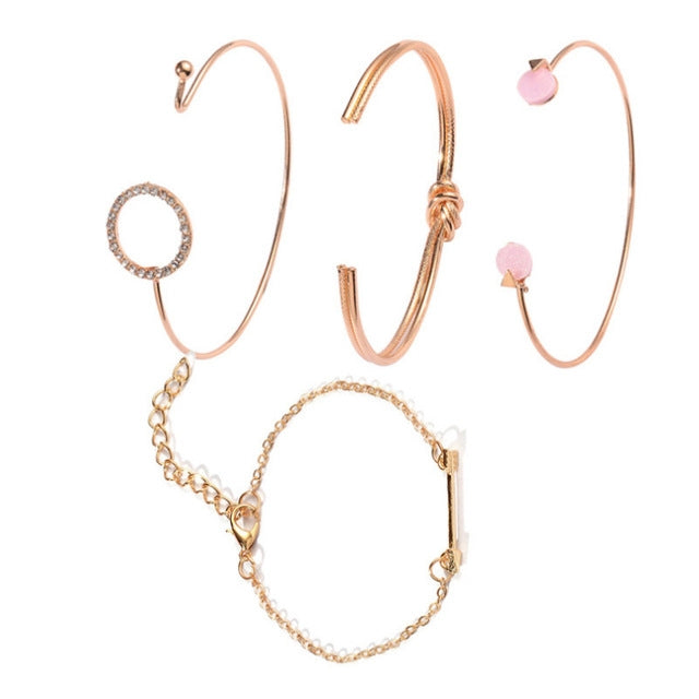 Lot de 4 bracelets ouverts réglables multicouches avec flèche et cristaux ronds pour femme, doré, argenté