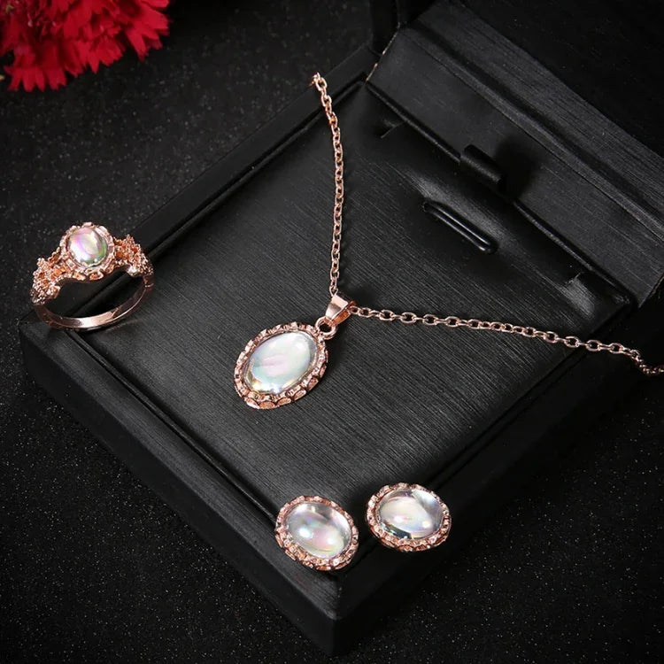 Women Opal Necklace Earrings Ring Crystal Jewelry Set