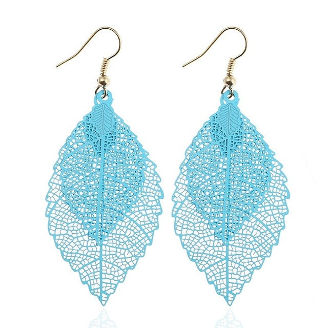 Boucles d'oreilles pendantes doubles feuilles, ornements simples en forme de feuille de métal rétro, Or Noir, Or Argent, Bleu, Multicolore, Rose, Noir Violet, Bleu roi Jaune, Blanc Noir, Vert Jaune, Rouge Noir