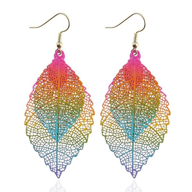 Boucles d'oreilles pendantes doubles feuilles, ornements simples en forme de feuille de métal rétro, Or Noir, Or Argent, Bleu, Multicolore, Rose, Noir Violet, Bleu roi Jaune, Blanc Noir, Vert Jaune, Rouge Noir