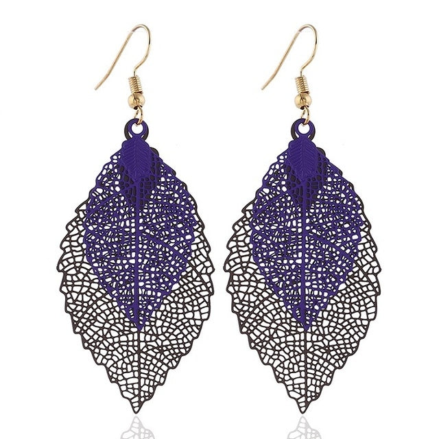 Boucles d'oreilles pendantes doubles feuilles, ornements simples en forme de feuille de métal rétro, Or Noir, Or Argent, Bleu, Multicolore, Rose, Noir Violet, Bleu roi Jaune, Blanc Noir, Vert Jaune, Rouge Noir