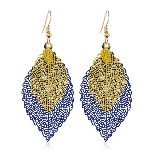 Boucles d'oreilles pendantes doubles feuilles, ornements simples en forme de feuille de métal rétro, Or Noir, Or Argent, Bleu, Multicolore, Rose, Noir Violet, Bleu roi Jaune, Blanc Noir, Vert Jaune, Rouge Noir