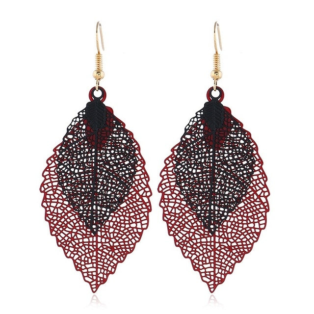 Boucles d'oreilles pendantes doubles feuilles, ornements simples en forme de feuille de métal rétro, Or Noir, Or Argent, Bleu, Multicolore, Rose, Noir Violet, Bleu roi Jaune, Blanc Noir, Vert Jaune, Rouge Noir
