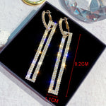 Boucles d'oreilles pendantes longues géométriques de luxe couleur or et argent avec strass rectangulaires, bleu, or, or rose, argent