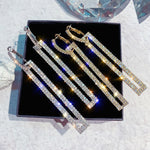 Boucles d'oreilles pendantes longues géométriques de luxe couleur or et argent avec strass rectangulaires, bleu, or, or rose, argent