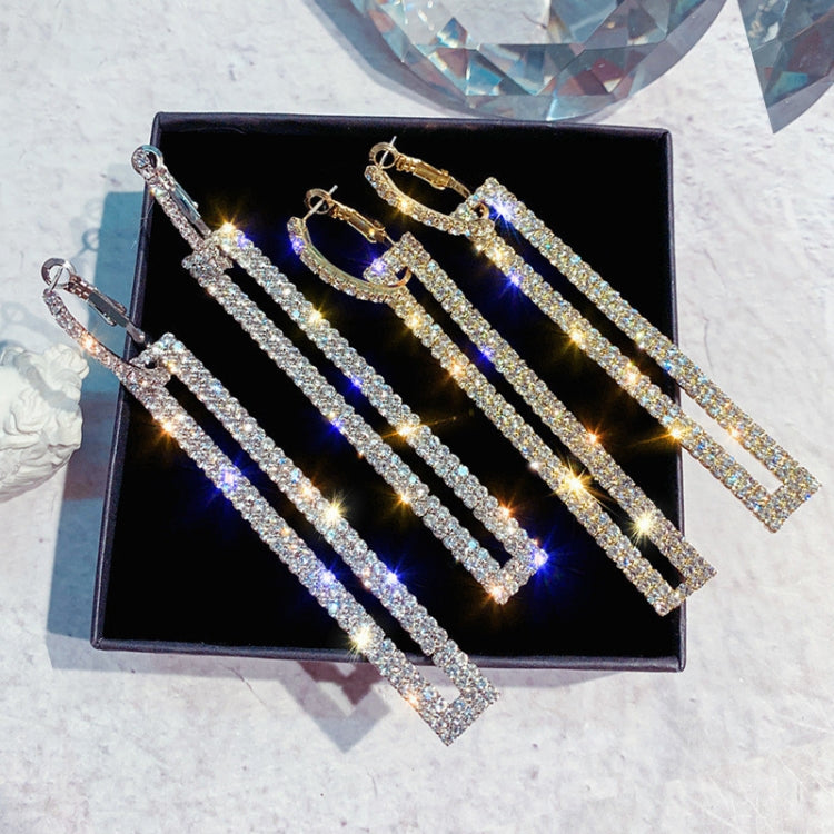 Boucles d'oreilles pendantes longues géométriques de luxe couleur or et argent avec strass rectangulaires, bleu, or, or rose, argent
