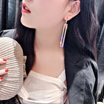 Boucles d'oreilles pendantes longues géométriques de luxe couleur or et argent avec strass rectangulaires, bleu, or, or rose, argent