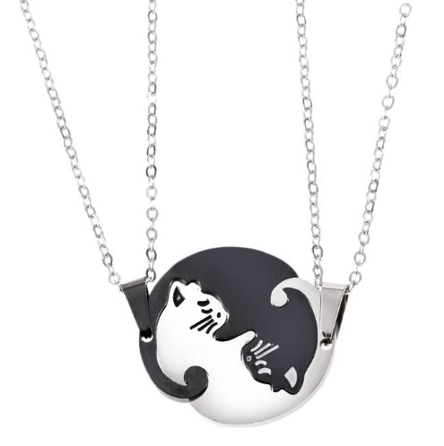Colliers de bijoux pour couples Pendentifs chat animal en acier titane, Collier chat blanc et noir avec chaîne en métal, Chat blanc et noir avec cordon en cuir