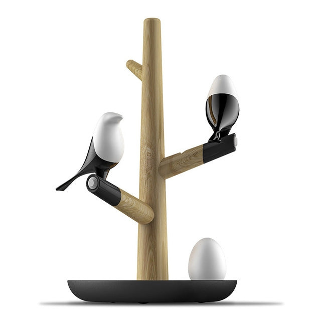 Lucky Bird Lampe de Table de Nuit à LED, Socle en Bois, Capteur de Mouvement Intelligent, Lampe de Bureau pour Salon et Chambre, 2 Oiseaux 1 Œuf, 2 Oiseaux 2 Œufs