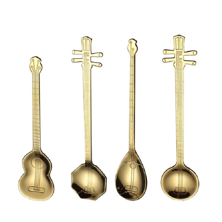 Cuillère à café en acier inoxydable en forme d'instrument de musique créative, guitare argentée, octogonale argentée, luth argenté, Yueqin argenté, guitare or titane, octogonale or titane, luth or titane, Yueqin or titane, guitare or rose