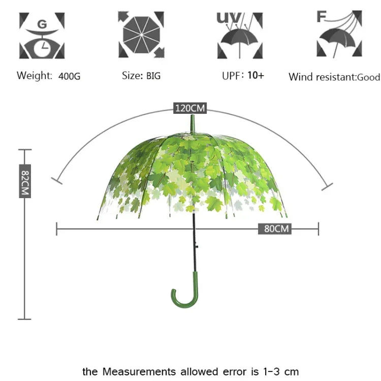 Parapluie transparent feuille verte à tige droite et tordue