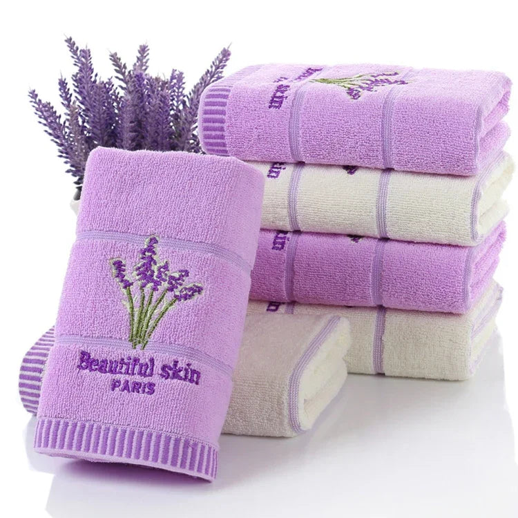 Serviettes visage épaisses en coton pur à rayures motif lavande, serviettes visage absorbantes