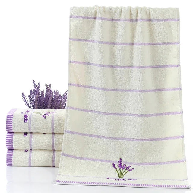 Serviettes visage épaisses en coton pur à rayures motif lavande, serviettes visage absorbantes