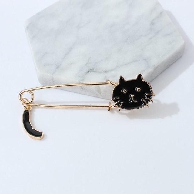 Jolie broche animal chat avec queue qui remue, noire, blanche