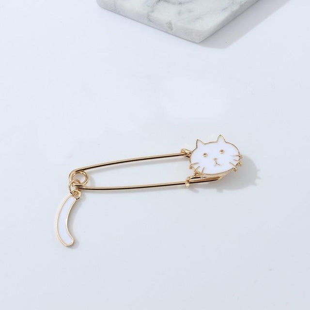 Jolie broche animal chat avec queue qui remue, noire, blanche
