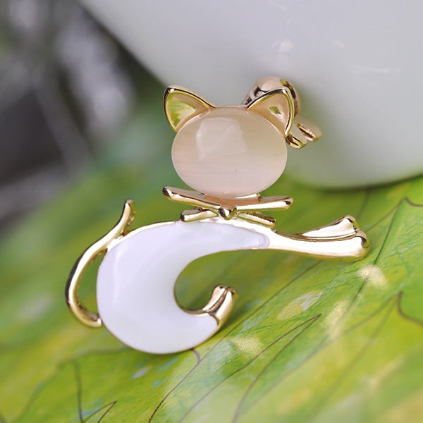 Broche Mignonne Chat Broche Pierre Oeil de Chat, Blanc, Noir