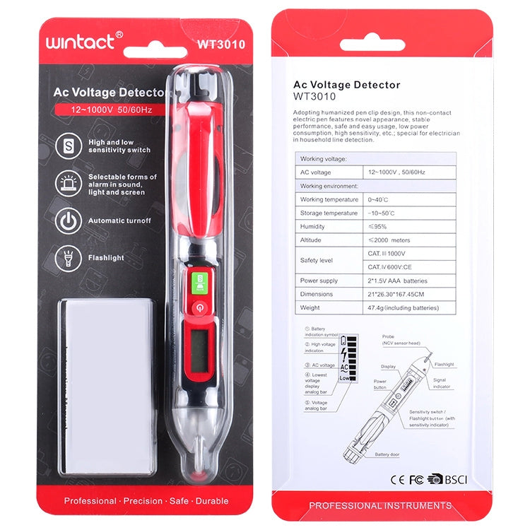 Testeur de Tension AC LED WINTACT WT3010 Stylo Détecteur Sans Contact 12-1000V, WINTACT WT3010