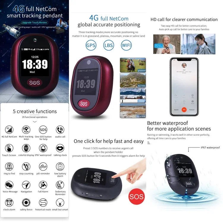 Pendentif traceur intelligent GPS REACHFAR RF-V45-B Mini Écran tactile, supporte SOS / appareil photo / gestion de la santé / 4G LTE, pour l'Amérique du Nord / l'Amérique du Sud / l'Australie, Écran tactile RF-V45-B
