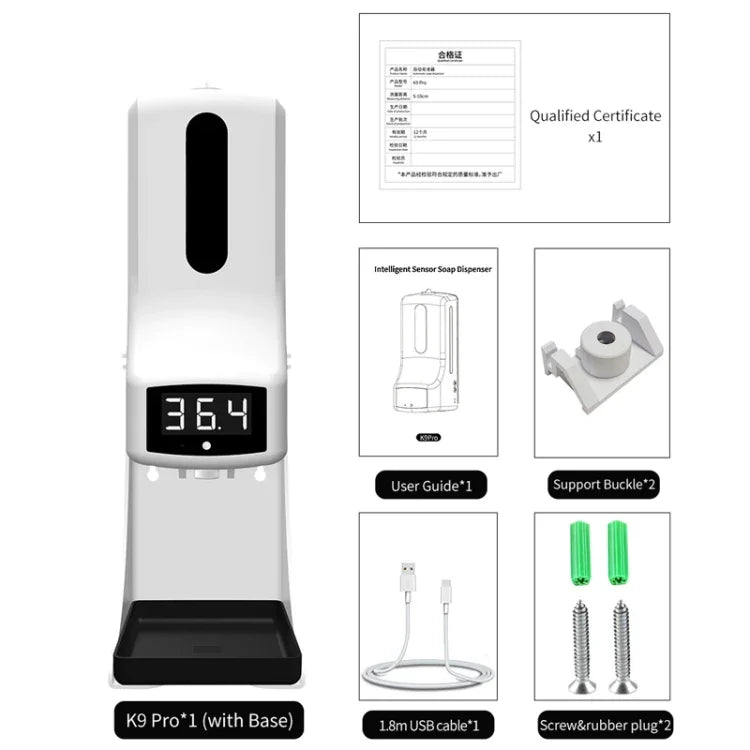 Thermomètre sans contact K9 Pro avec capteur de distance sensible à la lumière corporelle + Distributeur automatique de savon liquide sans contact 1000ml avec support de base, K9 Pro