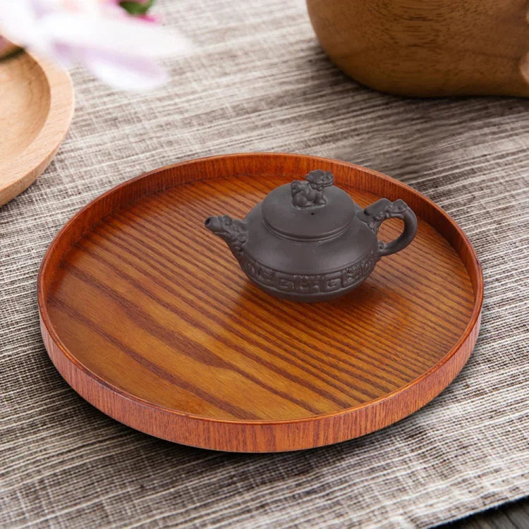 Plateau à thé rond créatif en bois massif pour hôtel, Plateau de rangement en bois, Diamètre : 37,5cm, Marron, Diamètre : 37,5cm