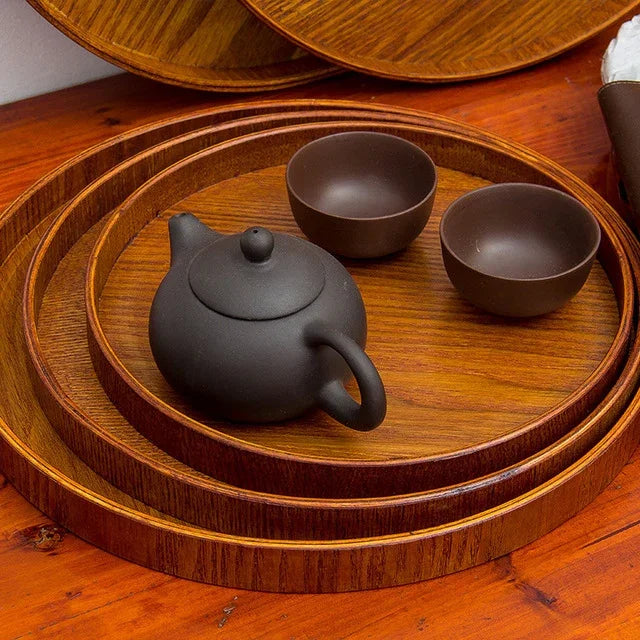 Plateau à thé rond créatif en bois massif pour hôtel, Plateau de rangement en bois, Diamètre : 37,5cm, Marron, Diamètre : 37,5cm