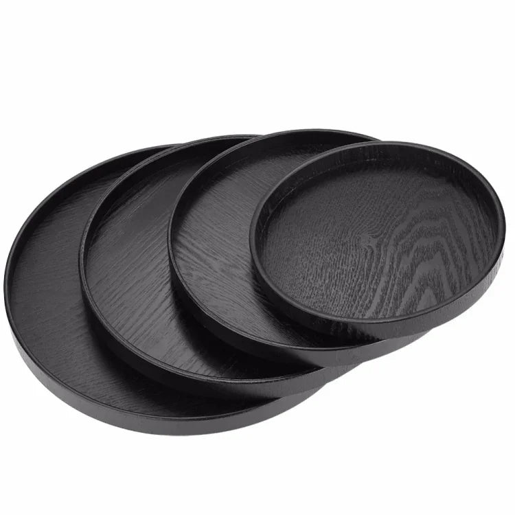 Plateau de service en bois massif rond et créatif, plateau de rangement en bois pour hôtel, diamètre : 27 cm, noir, diamètre : 27 cm