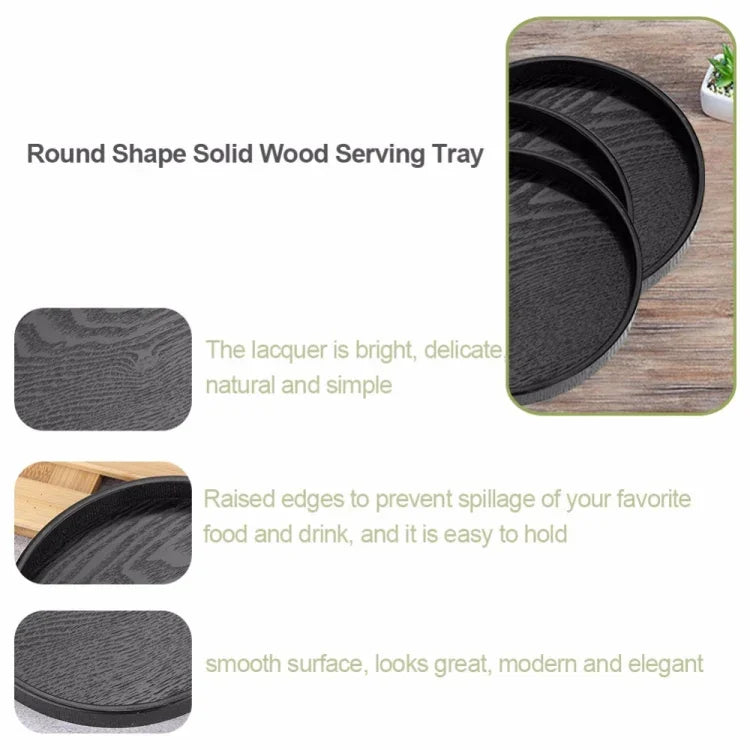 Plateau de service en bois massif rond et créatif, plateau de rangement en bois pour hôtel, diamètre : 27 cm, noir, diamètre : 27 cm