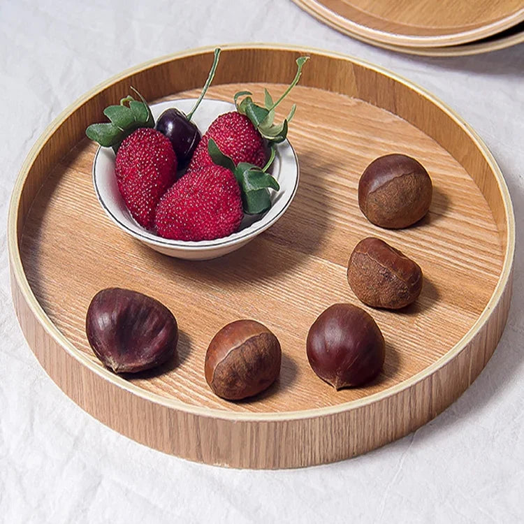 Plateau à thé rond créatif en bois massif pour hôtel, plateau de rangement en bois Tay, Diamètre : 37,5cm, Couleur du bois, Diamètre : 37,5cm