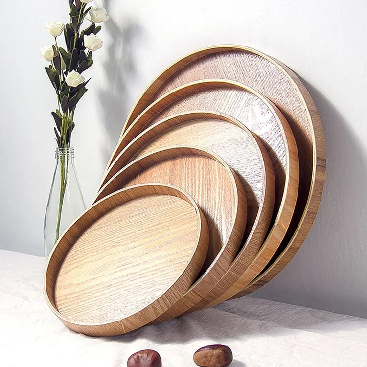Plateau à thé rond créatif en bois massif pour hôtel, plateau de rangement en bois Tay, Diamètre : 37,5cm, Couleur du bois, Diamètre : 37,5cm