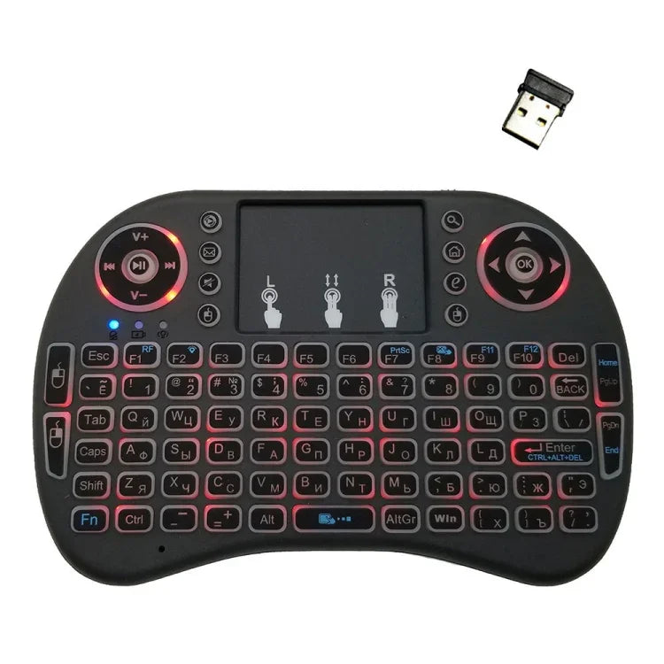 Langue prise en charge : russe. Clavier sans fil rétroéclairé i8 Air Mouse avec pavé tactile pour boîtier TV Android, Smart TV, tablette PC, Xbox 360, PS3 et HTPC/IPTV.