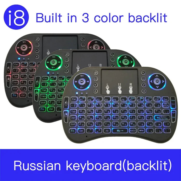 Langue prise en charge : russe. Clavier sans fil rétroéclairé i8 Air Mouse avec pavé tactile pour boîtier TV Android, Smart TV, tablette PC, Xbox 360, PS3 et HTPC/IPTV.