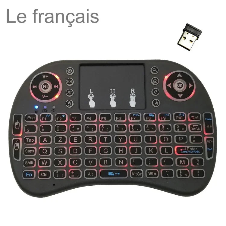 Langue prise en charge : français. Clavier sans fil rétroéclairé i8 Air Mouse avec pavé tactile pour boîtier TV Android, Smart TV, tablette PC, Xbox 360, PS3 et HTPC/IPTV.