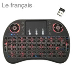 Langue prise en charge : français. Clavier sans fil rétroéclairé i8 Air Mouse avec pavé tactile pour boîtier TV Android, Smart TV, tablette PC, Xbox 360, PS3 et HTPC/IPTV.