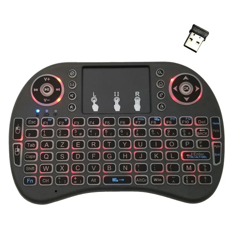 Langue prise en charge : français. Clavier sans fil rétroéclairé i8 Air Mouse avec pavé tactile pour boîtier TV Android, Smart TV, tablette PC, Xbox 360, PS3 et HTPC/IPTV.
