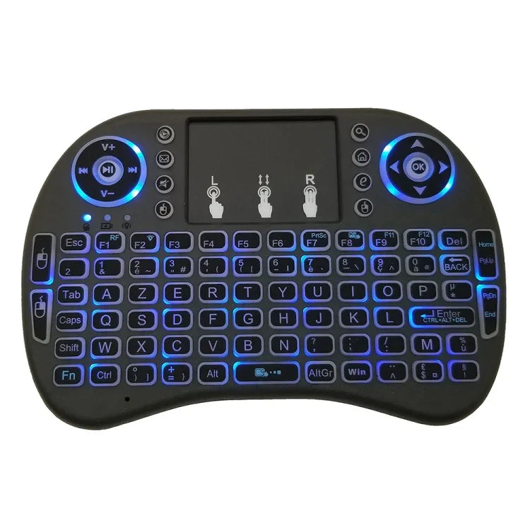 Langue prise en charge : français. Clavier sans fil rétroéclairé i8 Air Mouse avec pavé tactile pour boîtier TV Android, Smart TV, tablette PC, Xbox 360, PS3 et HTPC/IPTV.