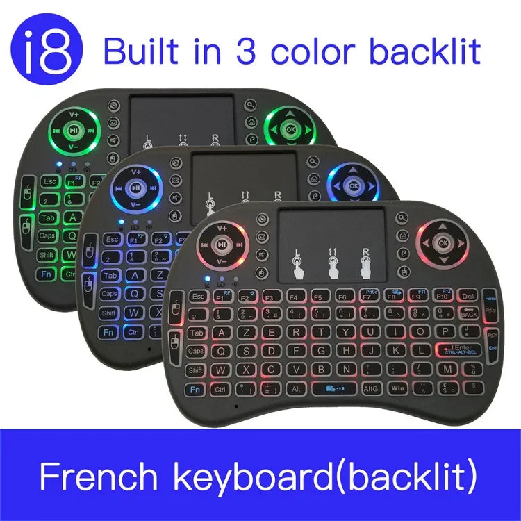 Langue prise en charge : français. Clavier sans fil rétroéclairé i8 Air Mouse avec pavé tactile pour boîtier TV Android, Smart TV, tablette PC, Xbox 360, PS3 et HTPC/IPTV.