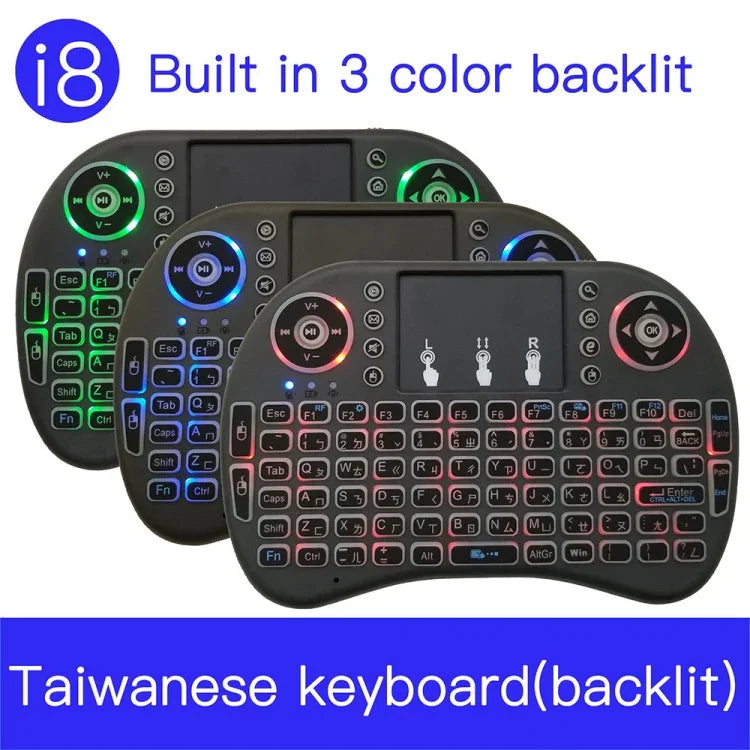 Langue prise en charge : taïwanais. Clavier sans fil rétroéclairé i8 Air Mouse avec pavé tactile pour boîtier TV Android, Smart TV, tablette PC, Xbox 360, PS3 et HTPC/IPTV (taïwanais).