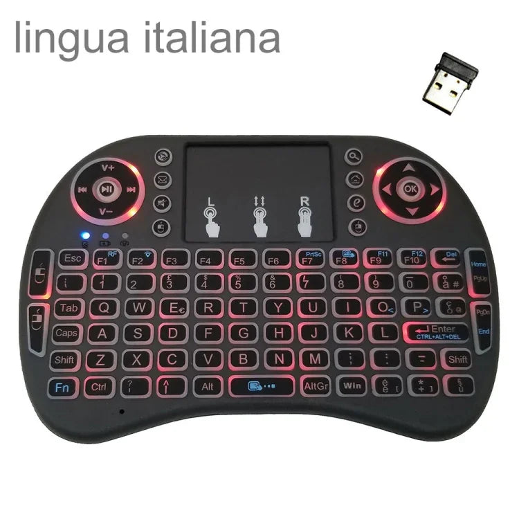 Langue prise en charge : Italie. Clavier sans fil rétroéclairé i8 Air Mouse avec pavé tactile pour boîtier TV Android, Smart TV, tablette PC, Xbox 360, PS3 et HTPC/IPTV, Italie.