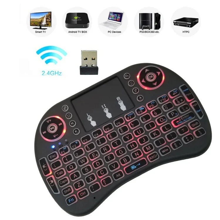 Langue prise en charge : Italie. Clavier sans fil rétroéclairé i8 Air Mouse avec pavé tactile pour boîtier TV Android, Smart TV, tablette PC, Xbox 360, PS3 et HTPC/IPTV, Italie.