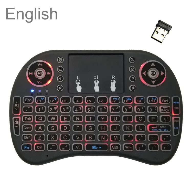 Langue prise en charge : anglais. Clavier sans fil rétroéclairé i8 Air Mouse avec pavé tactile pour boîtier TV Android, Smart TV, tablette PC, Xbox 360, PS3 et HTPC/IPTV (anglais).