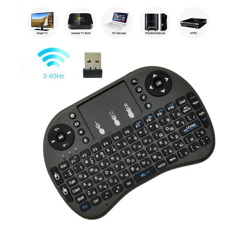 Langue prise en charge : russe. Clavier sans fil i8 Air Mouse avec pavé tactile pour boîtiers TV Android, Smart TV, tablettes PC, Xbox 360, PS3 et HTPC/IPTV.