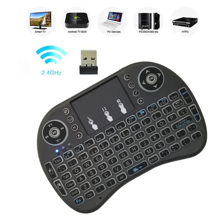Langue prise en charge : espagnol. Clavier sans fil i8 Air Mouse avec pavé tactile pour boîtier TV Android, Smart TV, tablette PC, Xbox 360, PS3 et HTPC/IPTV (espagnol).